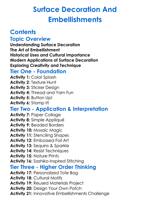 Surface Decoration And Embellishments Worksheet Activity Booklet
