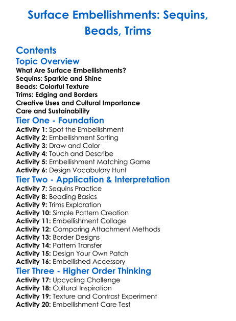 Surface Embellishments Sequins Beads Trims Worksheet Activity Booklet