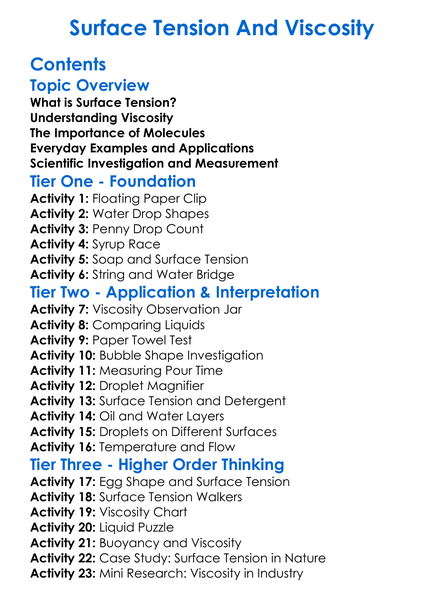Surface Tension And Viscosity Worksheet Activity Booklet