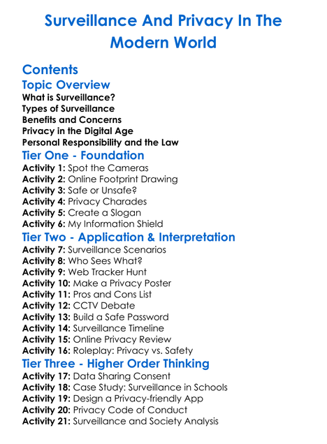 Surveillance And Privacy In The Modern World Worksheet Activity Booklet