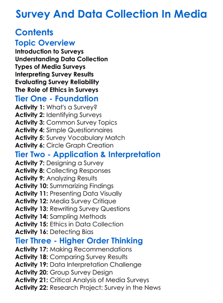Survey And Data Collection In Media Worksheet Activity Booklet
