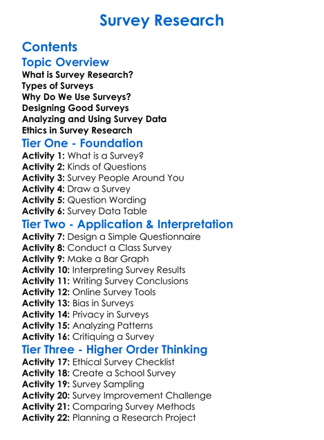 Survey Research Worksheet Activity Booklet