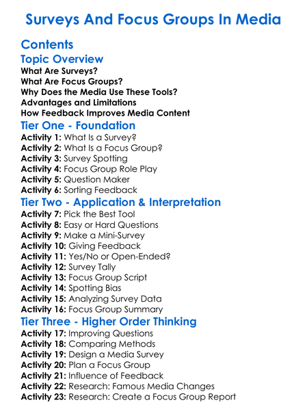 Surveys And Focus Groups In Media Worksheet Activity Booklet