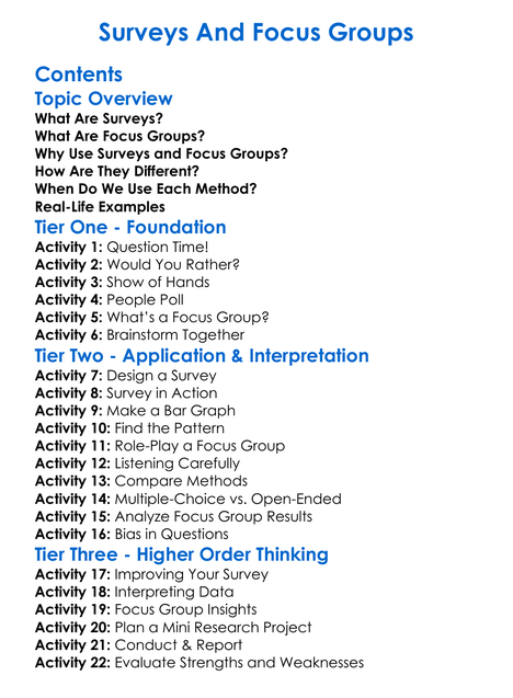 Surveys And Focus Groups Worksheet Activity Booklet