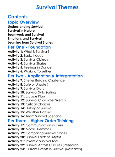 Survival Themes Worksheet Activity Booklet