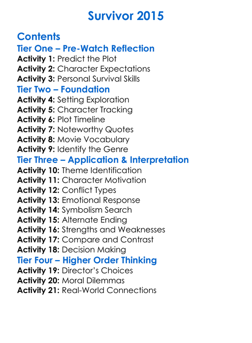 Survivor 2015 Worksheet Activity Booklet