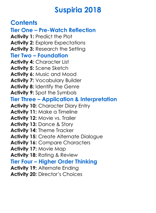 Suspiria 2018 Worksheet Activity Booklet