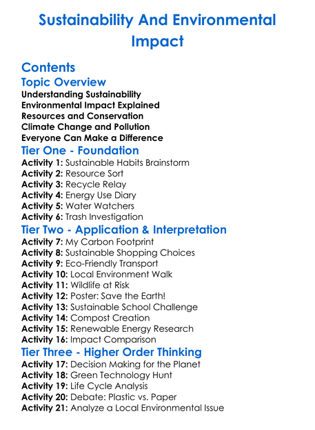 Sustainability And Environmental Impact Worksheet Activity Booklet