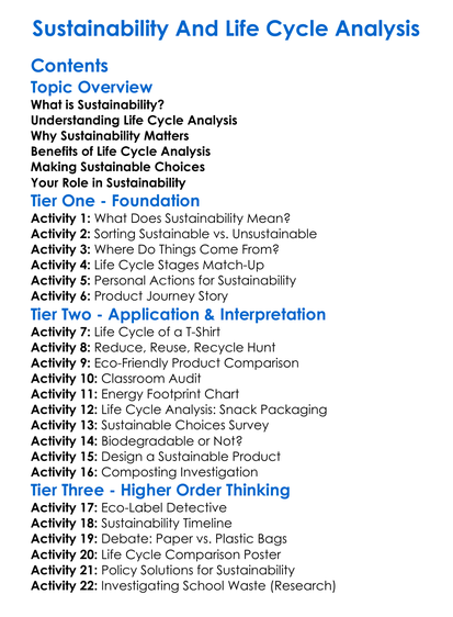 Sustainability And Life Cycle Analysis Worksheet Activity Booklet