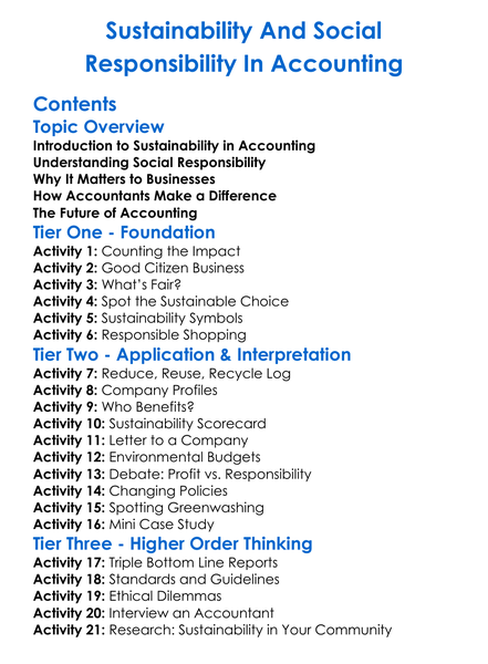 Sustainability And Social Responsibility In Accounting Worksheet Activity Booklet