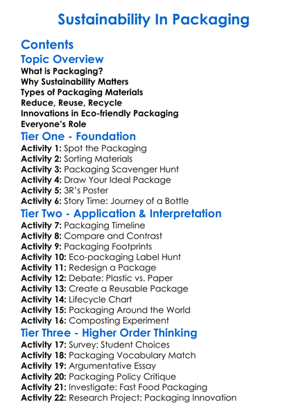 Sustainability In Packaging Worksheet Activity Booklet