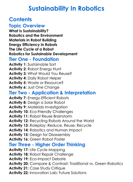 Sustainability In Robotics Worksheet Activity Booklet