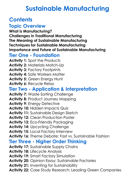Sustainable Manufacturing Worksheet Activity Booklet
