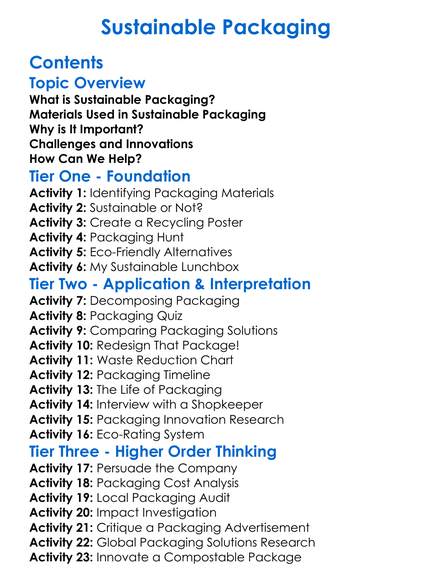 Sustainable Packaging Worksheet Activity Booklet