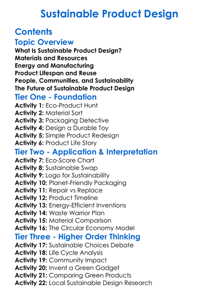 Sustainable Product Design Worksheet Activity Booklet