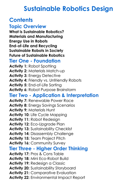 Sustainable Robotics Design Worksheet Activity Booklet