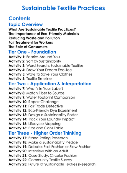 Sustainable Textile Practices Worksheet Activity Booklet