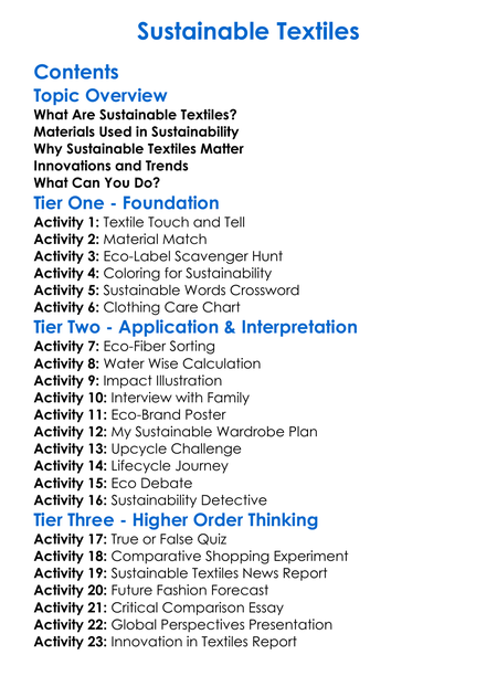 Sustainable Textiles Worksheet Activity Booklet