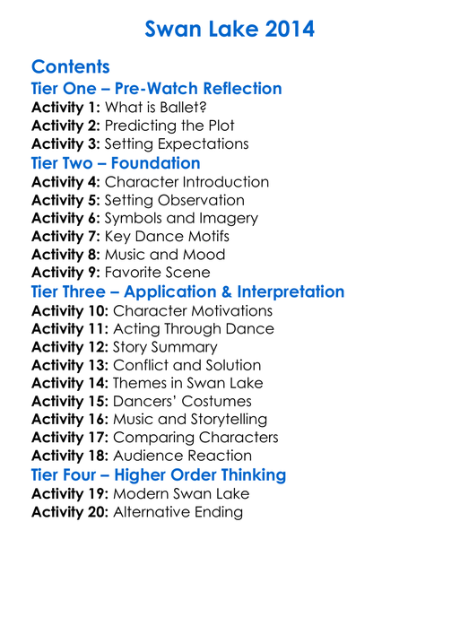 Swan Lake 2014 Worksheet Activity Booklet