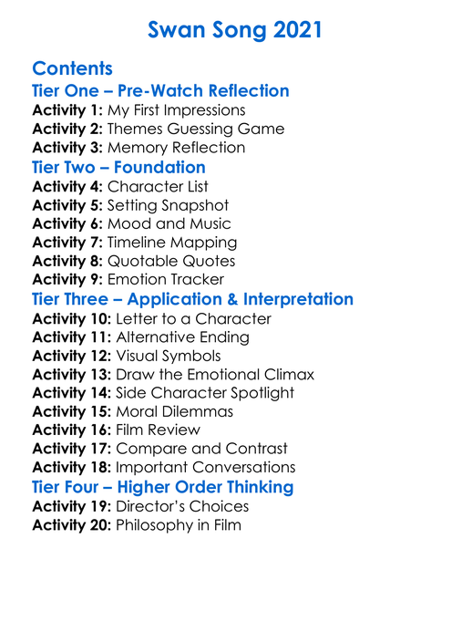 Swan Song 2021 Worksheet Activity Booklet