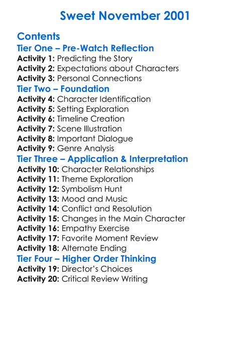Sweet November 2001 Worksheet Activity Booklet