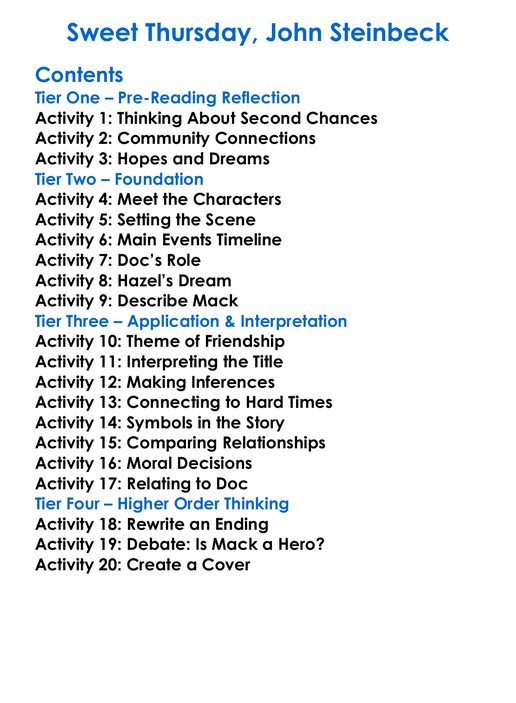 Sweet Thursday John Steinbeck Worksheet Activity Booklet
