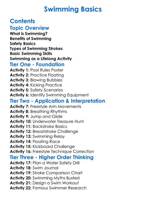 Swimming Basics Worksheet Activity Booklet