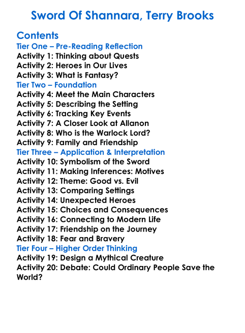 Sword Of Shannara Terry Brooks Worksheet Activity Booklet