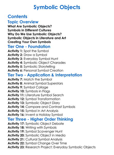 Symbolic Objects Worksheet Activity Booklet