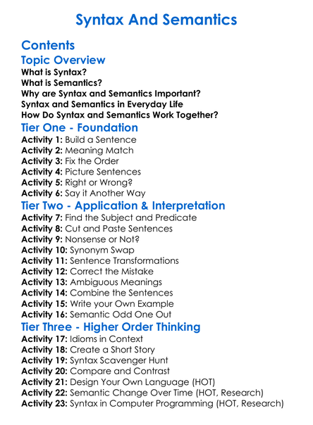 Syntax And Semantics Worksheet Activity Booklet