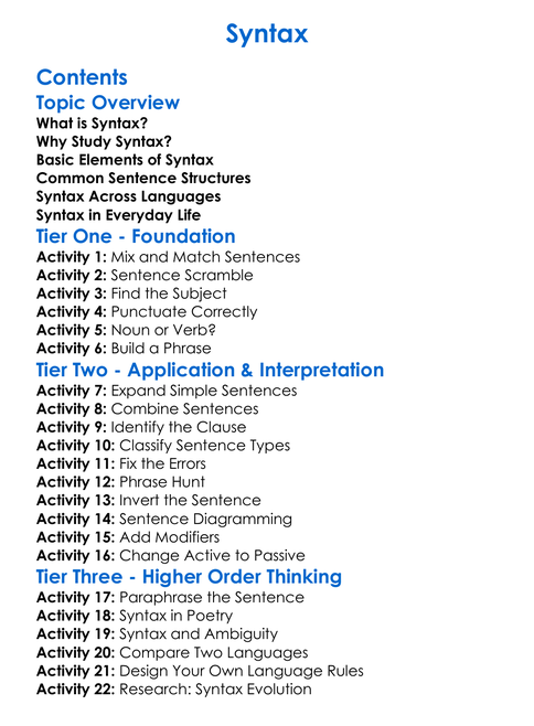 Syntax Worksheet Activity Booklet