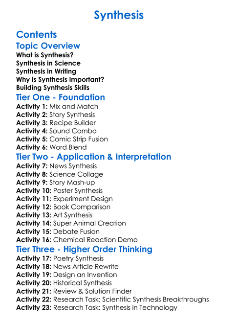 Synthesis Worksheet Activity Booklet
