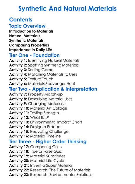 Synthetic And Natural Materials Worksheet Activity Booklet