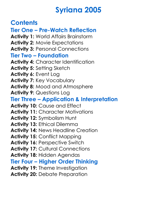Syriana 2005 Worksheet Activity Booklet
