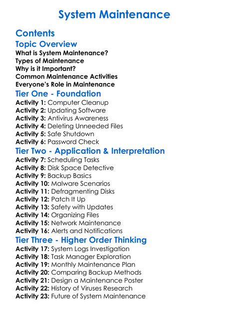 System Maintenance Worksheet Activity Booklet