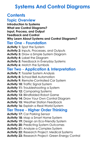 Systems And Control Diagrams Worksheet Activity Booklet