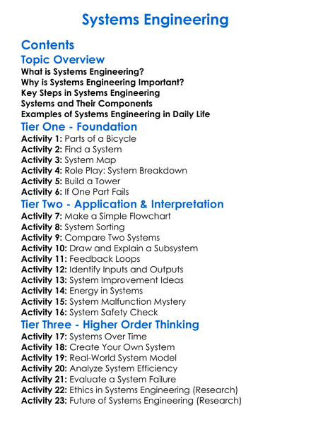Systems Engineering Worksheet Activity Booklet