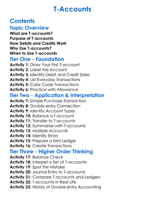 T-Accounts Worksheet Activity Booklet
