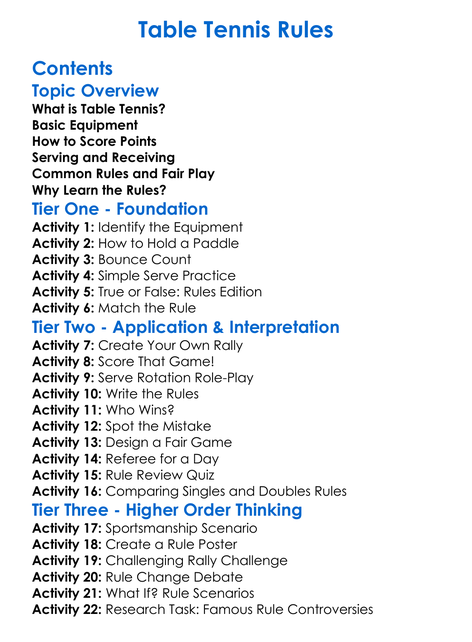 Table Tennis Rules Worksheet Activity Booklet