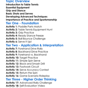 Table Tennis Techniques Worksheet Activity Booklet
