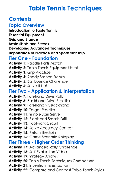 Table Tennis Techniques Worksheet Activity Booklet