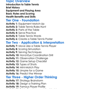 Table Tennis Worksheet Activity Booklet