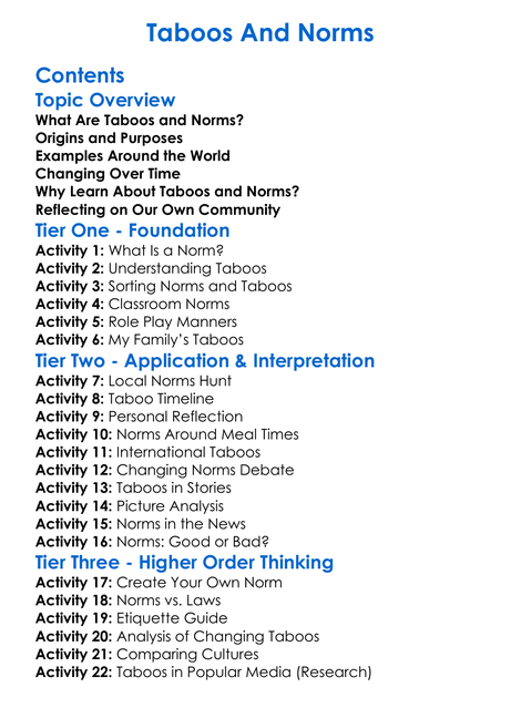 Taboos And Norms Worksheet Activity Booklet