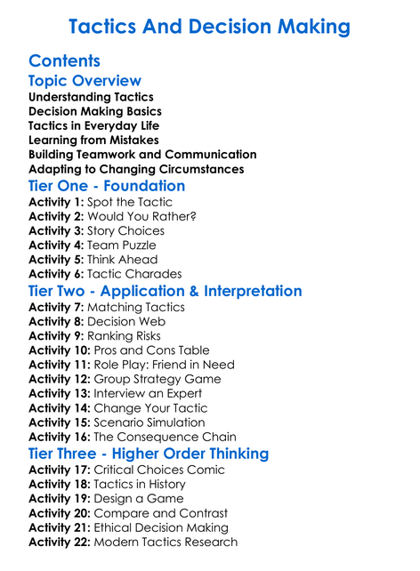 Tactics And Decision Making Worksheet Activity Booklet