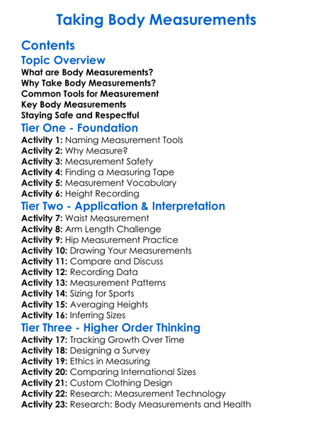Taking Body Measurements Worksheet Activity Booklet