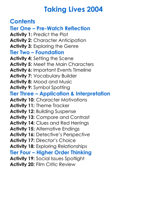 Taking Lives 2004 Worksheet Activity Booklet