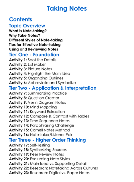 Taking Notes Worksheet Activity Booklet