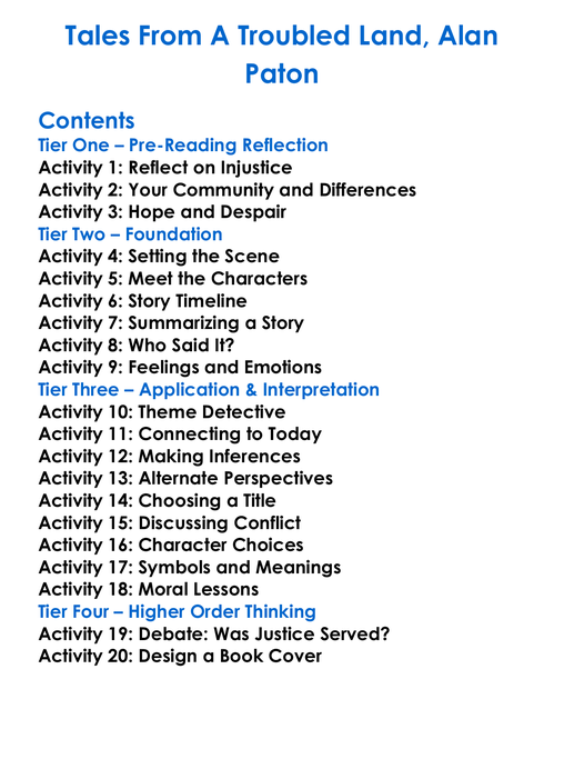 Tales From A Troubled Land Alan Paton Worksheet Activity Booklet