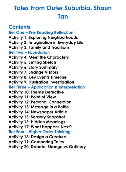 Tales From Outer Suburbia Shaun Tan Worksheet Activity Booklet