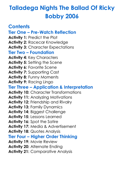 Talladega Nights The Ballad Of Ricky Bobby 2006 Worksheet Activity Booklet